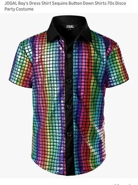 JOGAL Men's Rainbow Sequin Short-Sleeve Button-Down Shirt - Black Trim